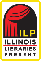 Illinois Libraries Present logo consisting of a red theater curtain, pulled back, to reveal a black background with yellow letters "ILP".